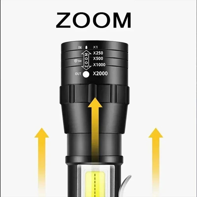 Lampe torche COB+XPE zoomable rechargeable USB pour camping, pêche et urgences longue portée