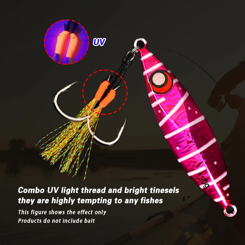 10 assist hooks métalliques avec plumes UV et anneau solide pour jigging de 10g à 120g pêche en mer