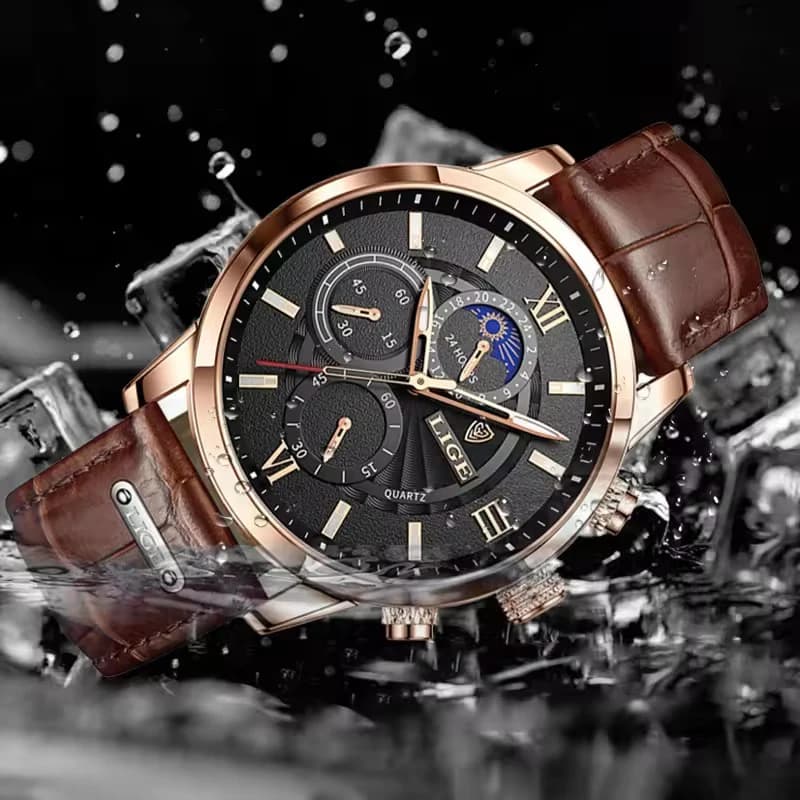 Montre homme luxe LIGE bracelet cuir quartz étanche montre sport élégante relogio masculino cadeau homme