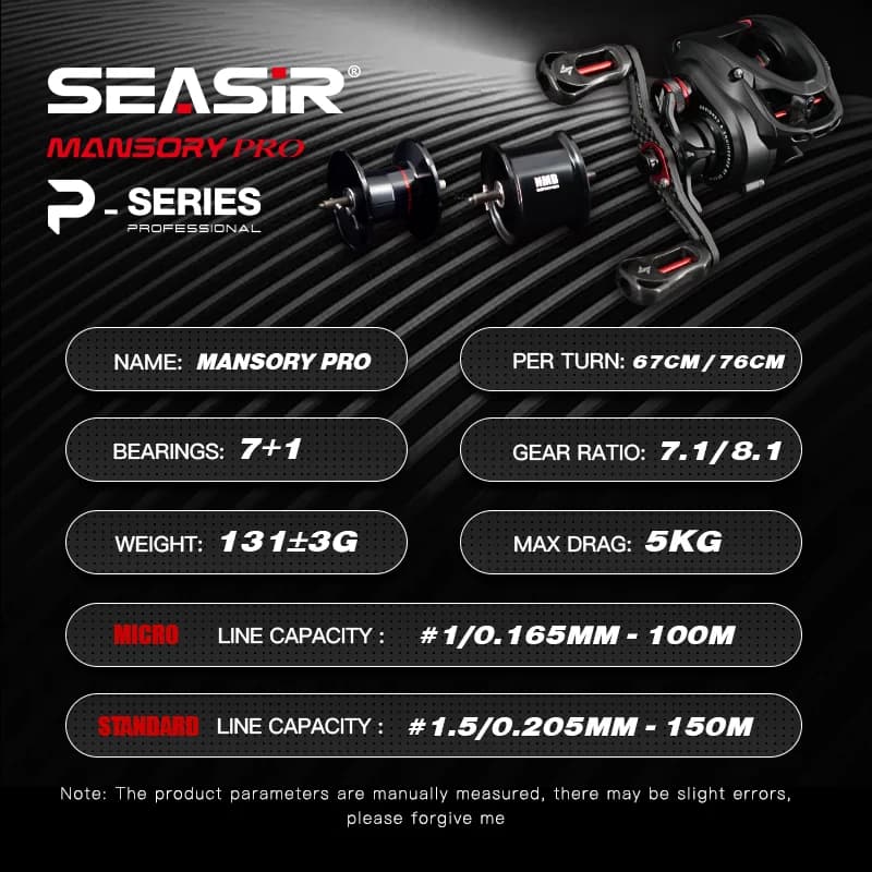 Moulinet baitcasting SEASIR MANSORY PRO ultralight carbone 131g double bobines 7+1 roulements