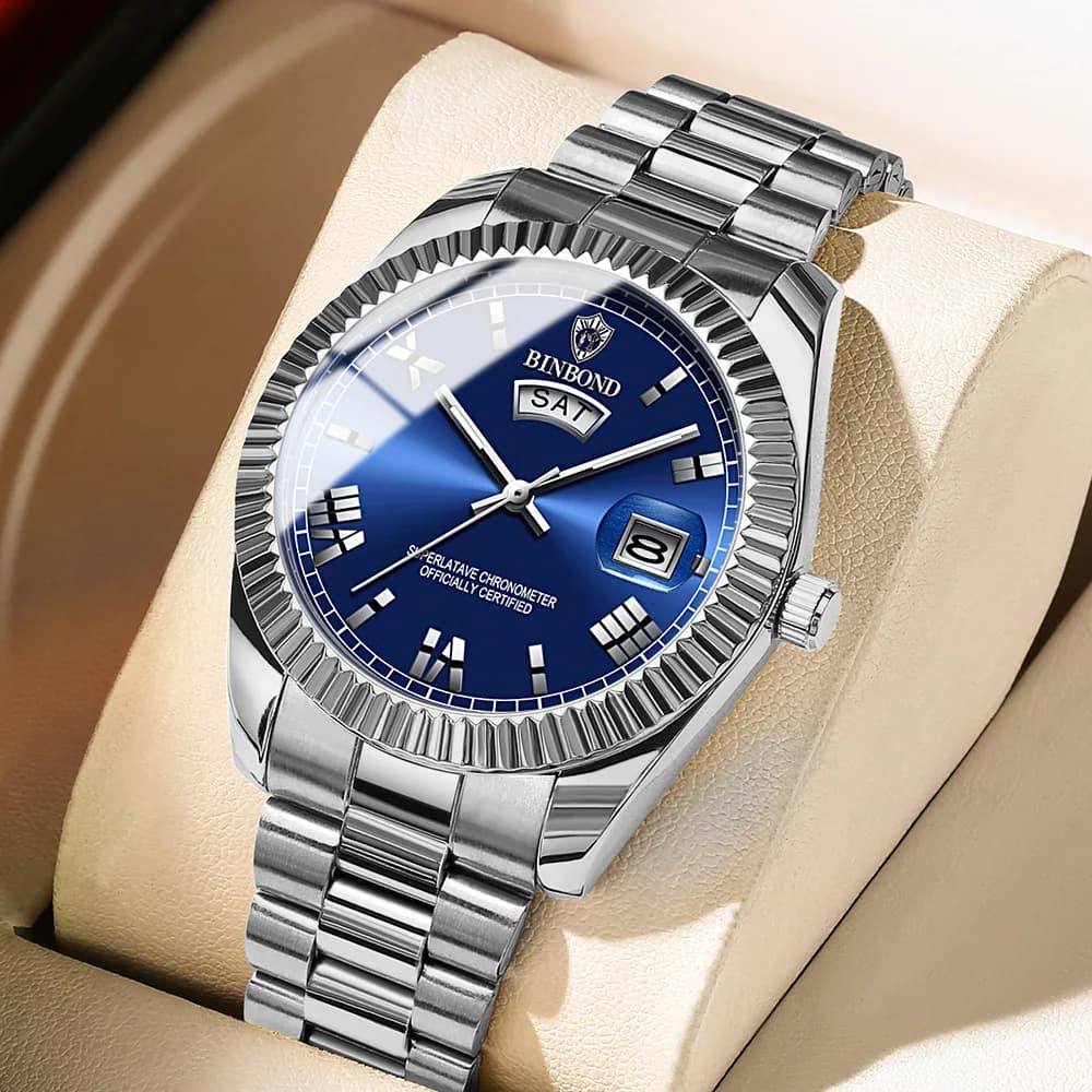 Montre homme BINBOND sport quartz étanche affichage numérique bracelet acier inoxydable pour pêche et business