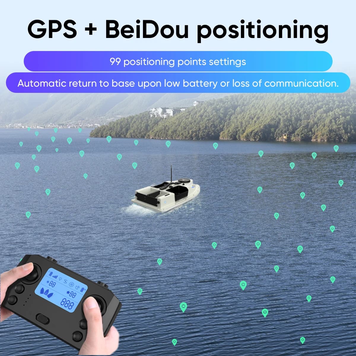 LOKEEVAN D19 Remote Controlled Bait Boat with GPS,600M RC Night Boat LED Fishing