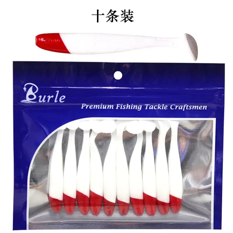 Leurre Souple T-tail Bionique 7 à 12 cm, Tête Rouge Corps Blanc, 10 Leurres par Sachet