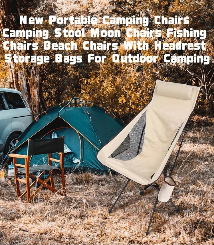 Fauteuil camping pliant avec appui-tête et sacs - Siège pêche Moon Chair pour plage extérieur