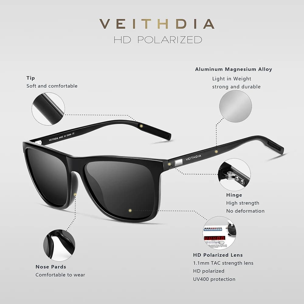 Lunettes de soleil polarisées VEITHDIA rétro pour pêche - Cadre aluminium+TR90 vintage