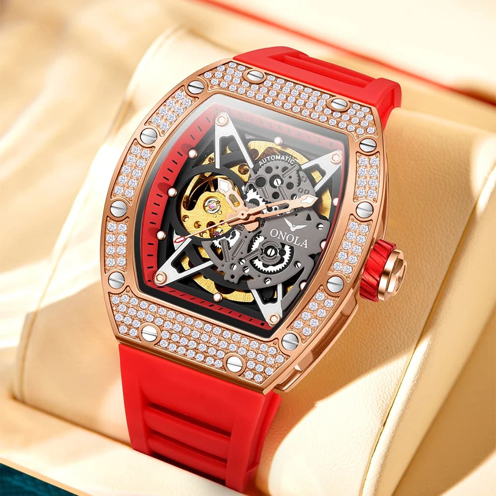 Montre mécanique automatique luxe homme ONOLA diamants squelette waterproof étanche automatique