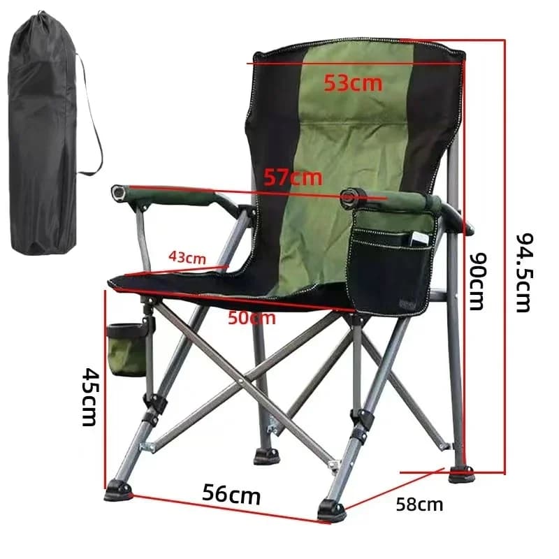 Grande chaise de pêche pliante aluminium avec dossier haut, accoudoirs et porte-gobelet
