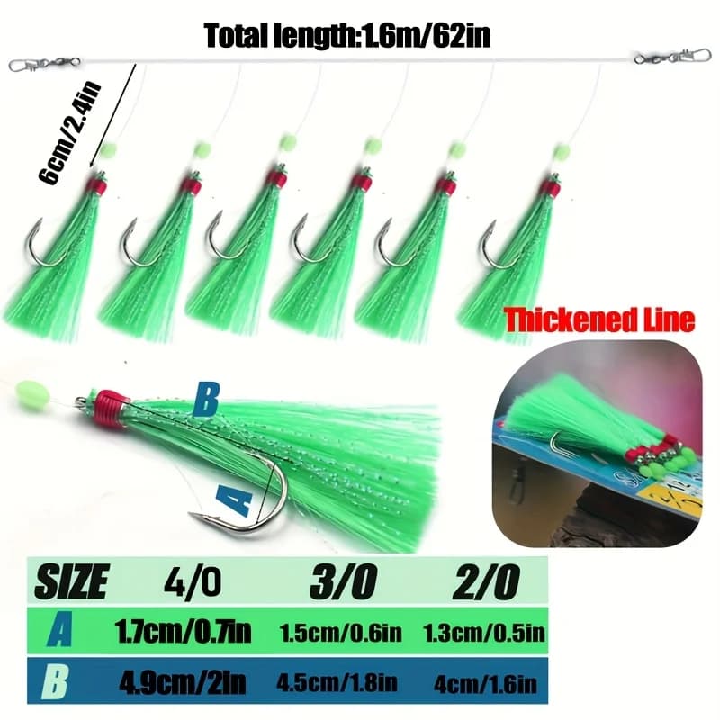 Lot de 6 Hameçons Sabiki Pré-Montés pour la Pêche en Mer avec Ligne Renforcée et Hameçons