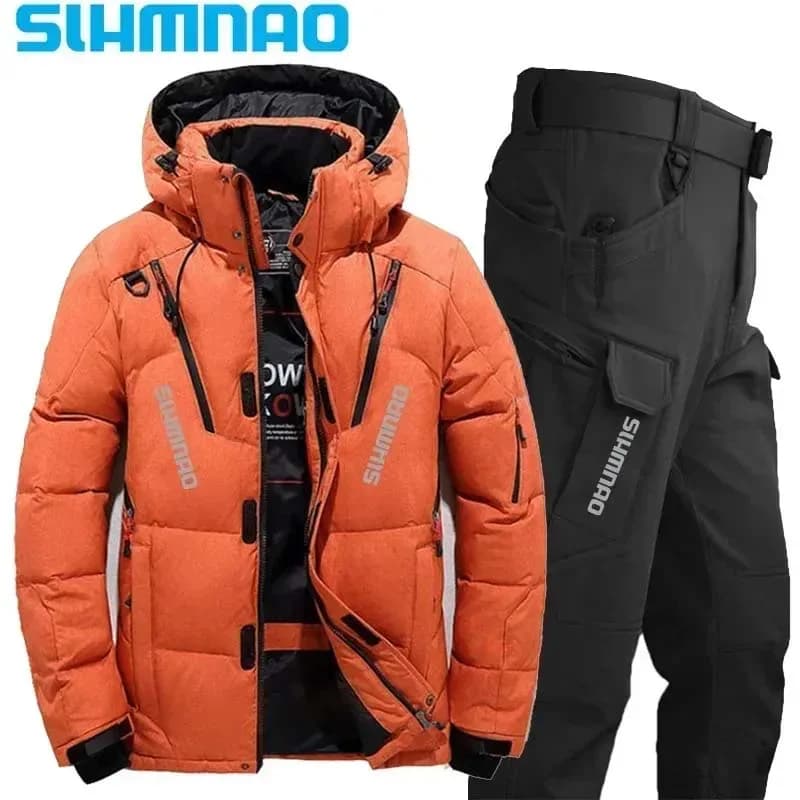 Combinaison Pêche Hiver 2026 Imperméable et Chaude avec Capuche, Veste Doudoune pour Camping Randonnée Chasse