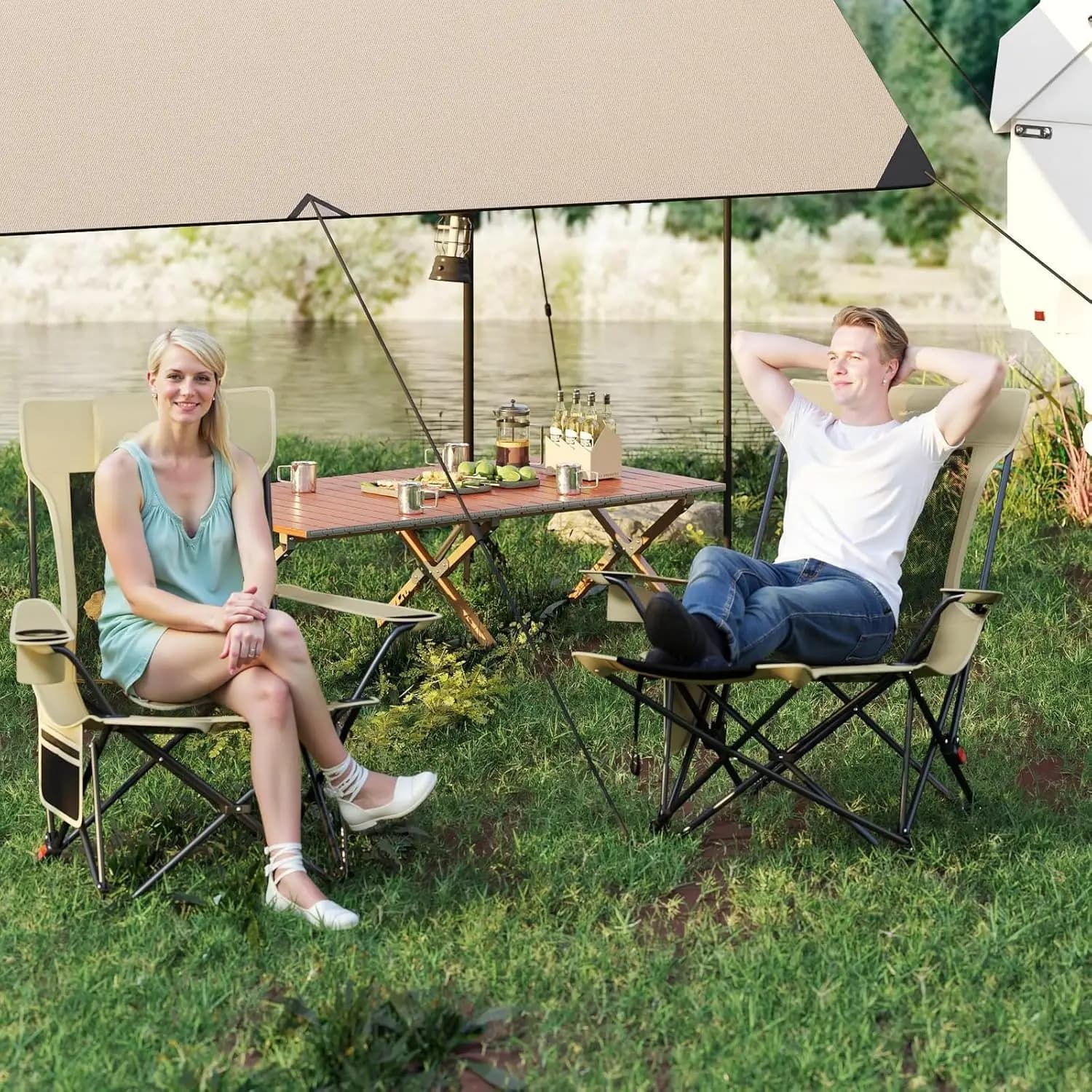 Chaise de pêche pliante avec repose-pieds amovible et dossier réglable couleur kaki