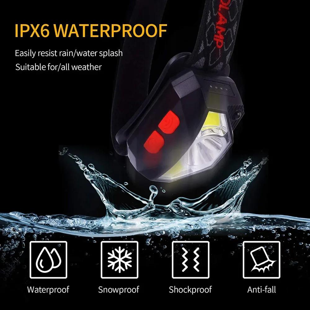 Lampe frontale LED détecteur de mouvement 6 modes - Frontale pêche rechargeable USB étanche XPE+COB
