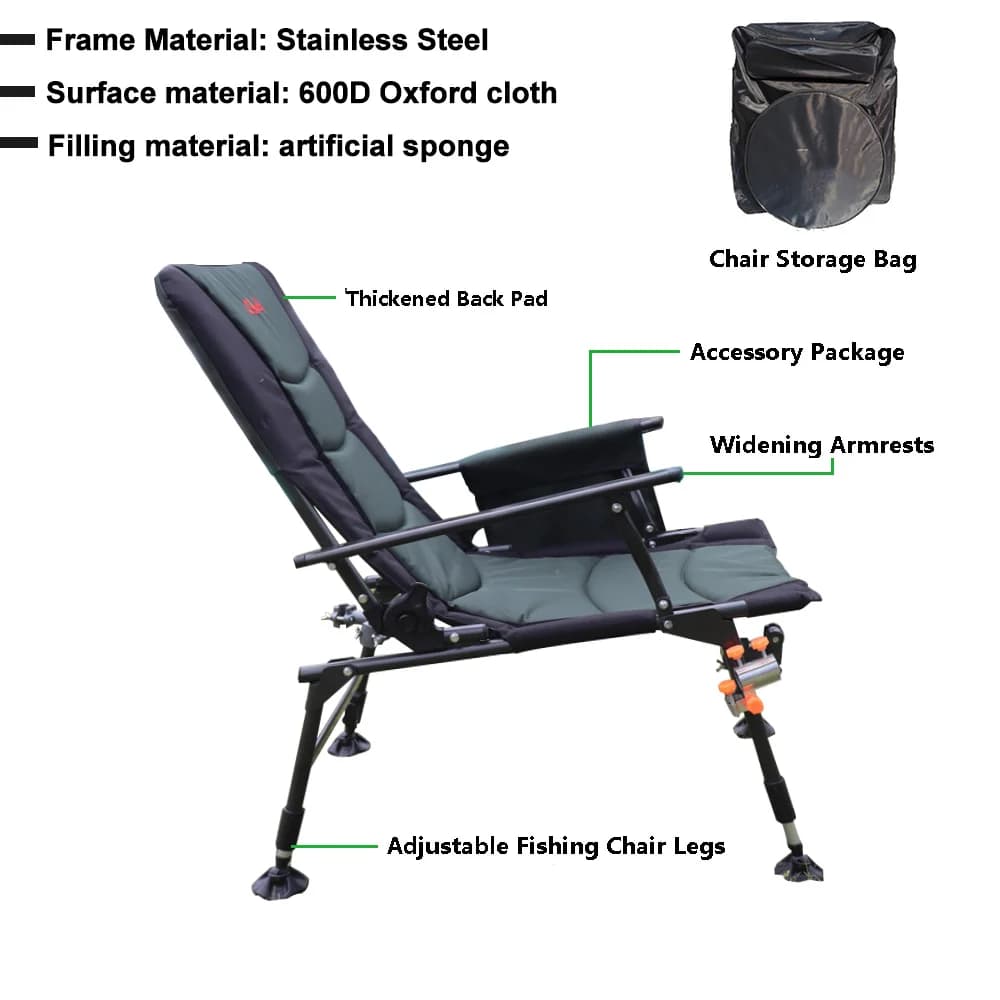 Chaise de pêche 150kg multifonction avec dossier haut réglable 160° pour camping et loisirs extérieurs