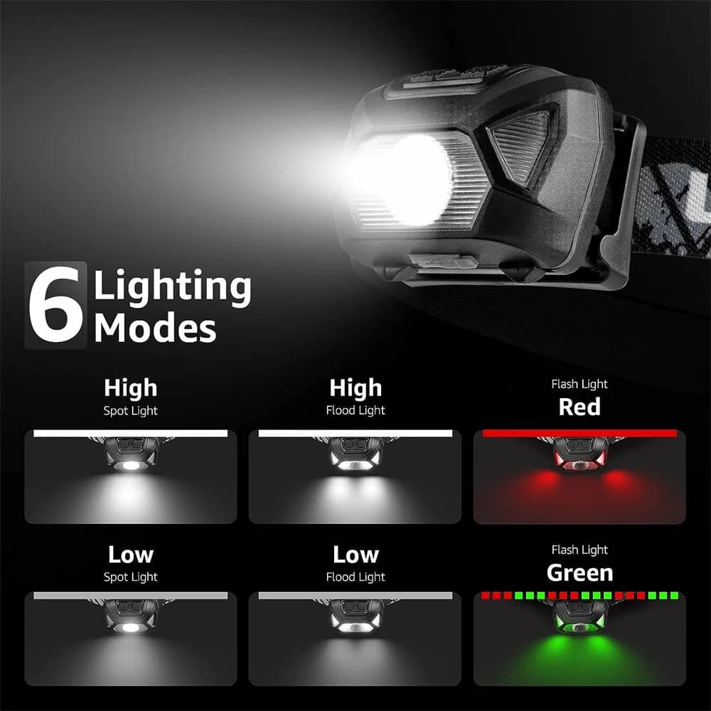 Lampe frontale 6 modes USB rechargeable IPX4 étanche avec lumières rouge et verte pour pêche extérieure