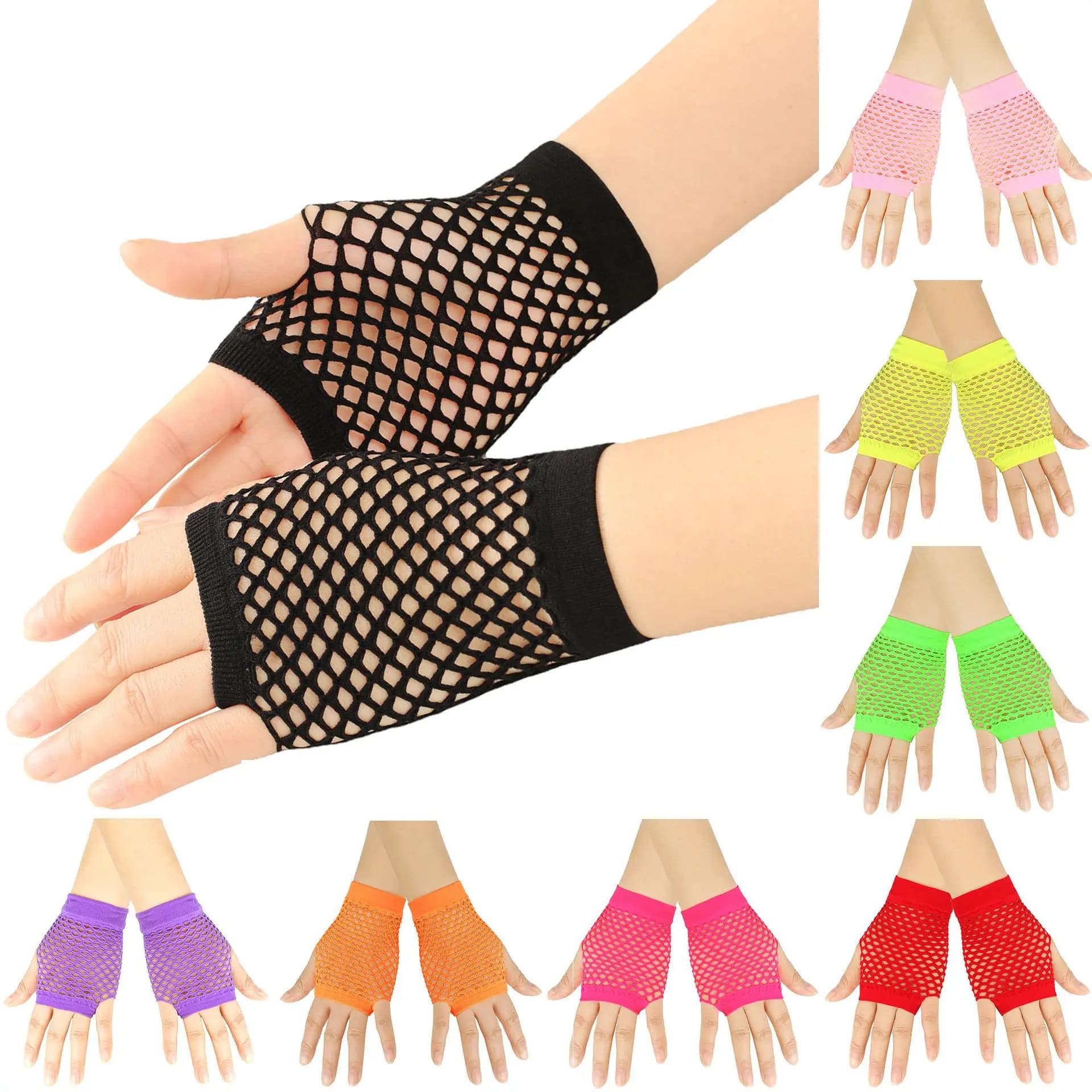 Gants courts fingerless en filet de pêche colorés - Pour soirées élégantes et événements festifs