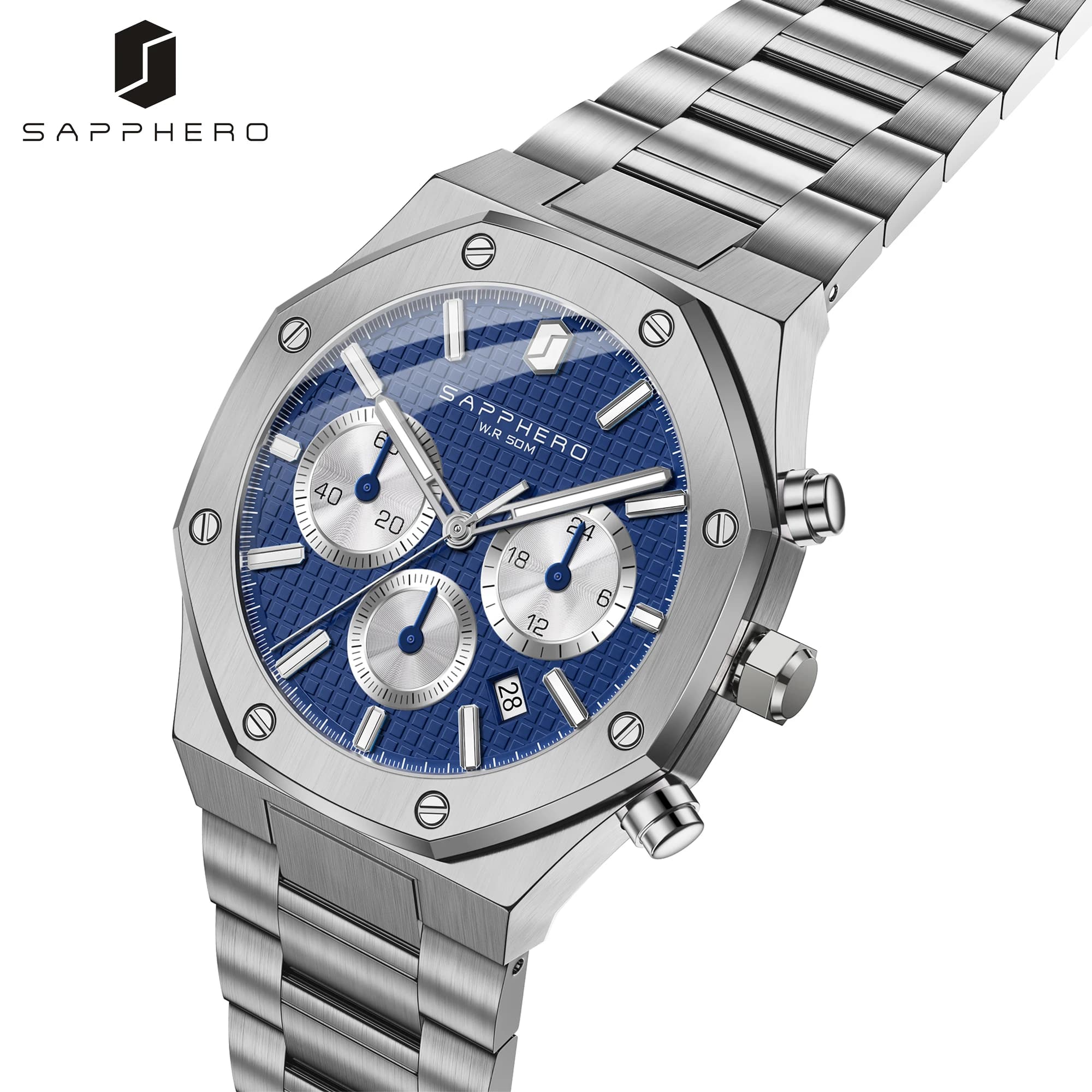 Montre homme SAPPHERO étanche chronographe aiguilles lumineuses acier inoxydable cadeau professionnel