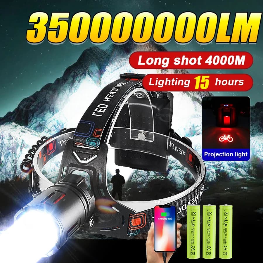 Lampe frontale pêche 350000 lux ultra puissante 4000m portée rechargeable 18650 pour pêche gros carnassiers
