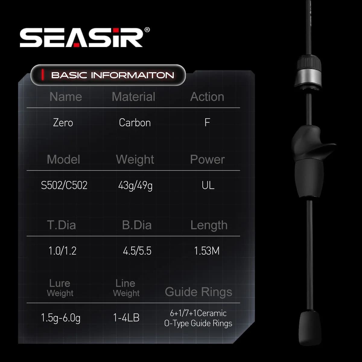 Canne BFS ultralight Seasir Zero 43g fibre carbone 1.53M pour leurres 1.5-6g pêche rivière