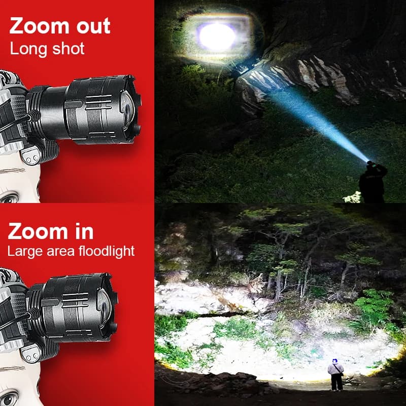 Projecteur frontal LED 1000000LM longue portée 800W rechargeable USB pour pêche professionnelle nocturne