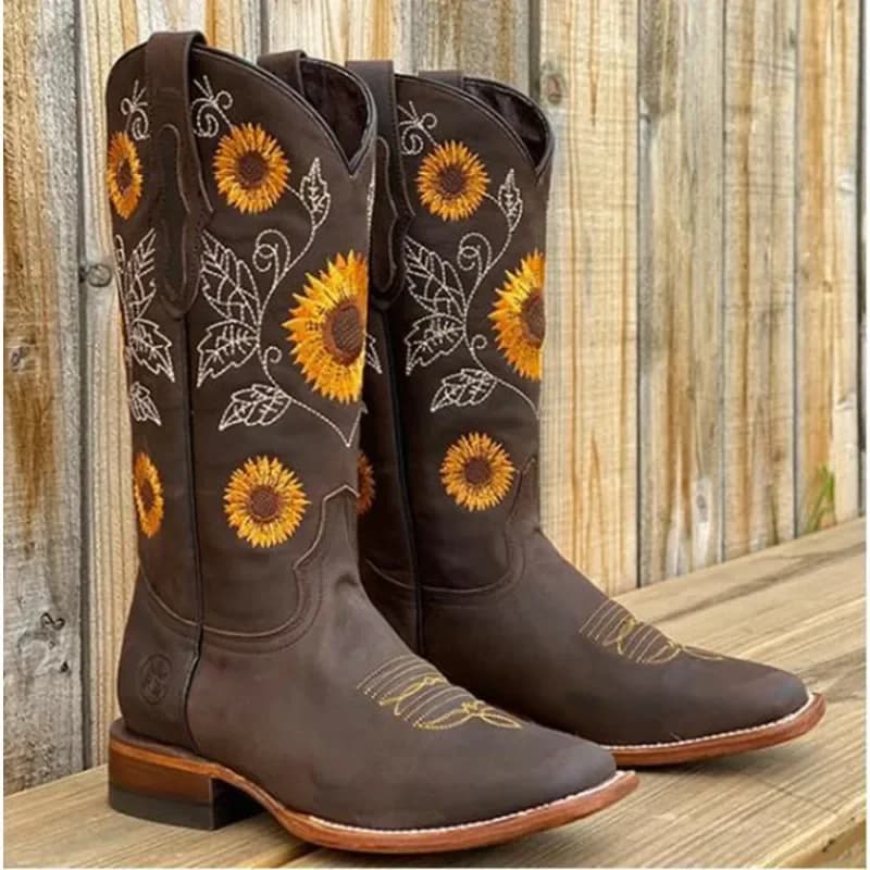 Bottes cowboy femme marron café broderie - Cuir PU imprimé style western profond V casual