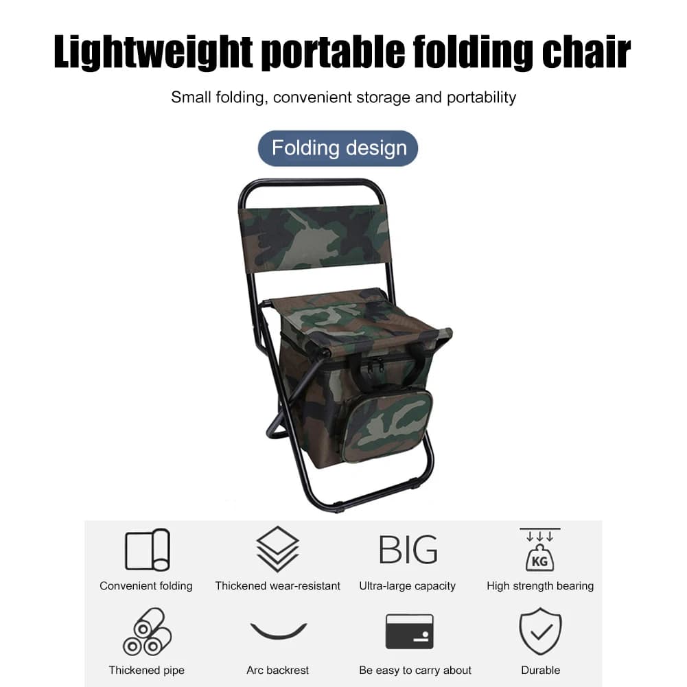 Chaise pliante portable avec glacière compacte et dossier pour camping pêche randonnée