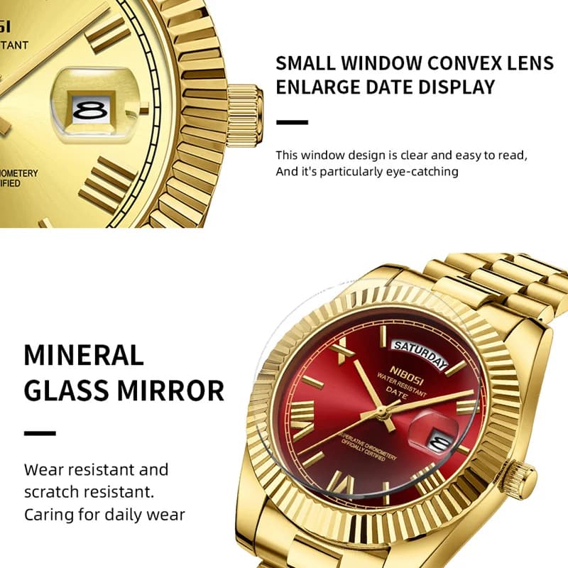 Montre homme luxe NIBOSI acier inoxydable étanche quartz rouge doré cadran numérique date semaine