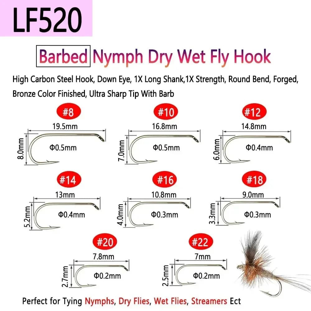 Hameçons de pêche à la mouche Bimoo 100 pièces acier haut carbone, sèches, noyées et nymphes,