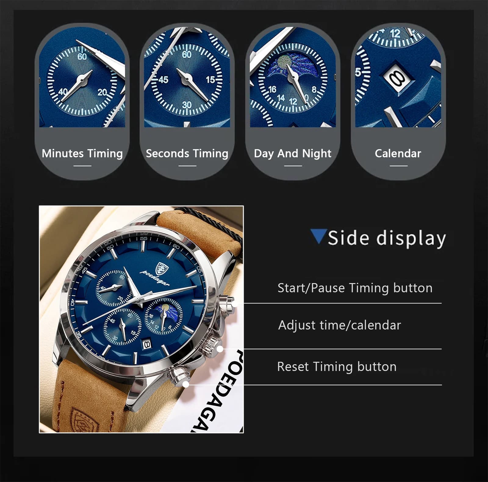Montre homme luxe étanche chronographe militaire sport pêche avec cadran lumineux et bracelet cuir