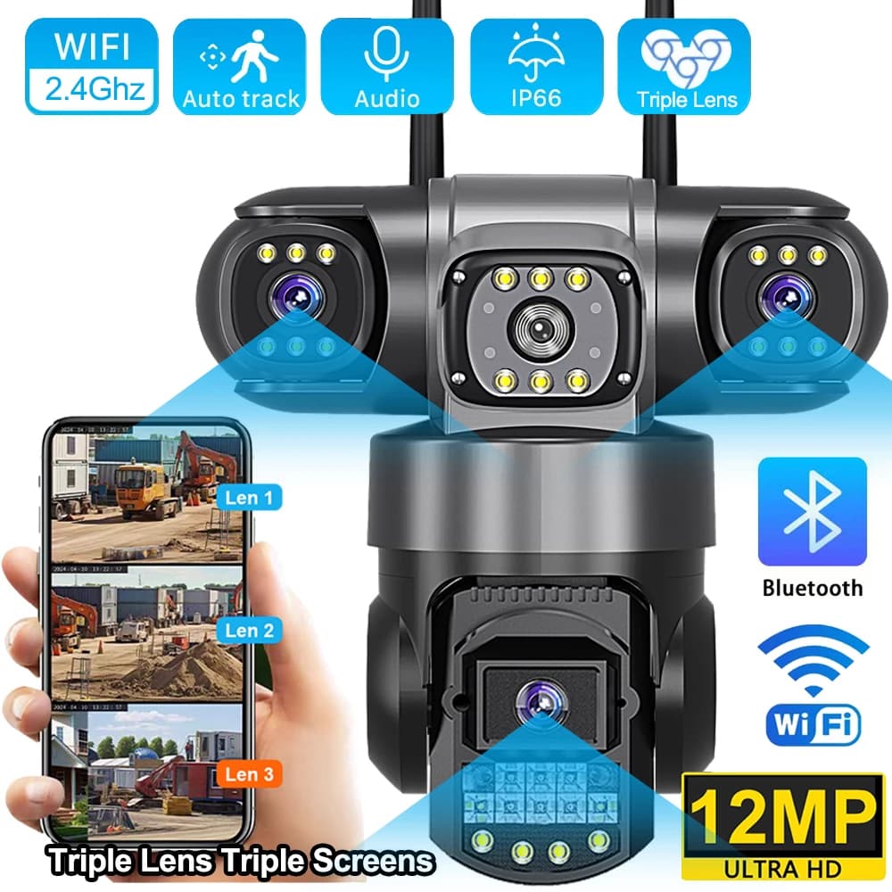 Caméra IP WiFi extérieure V380 Pro 12MP 6K triple objectif - Vision nocturne étanche surveillance complète