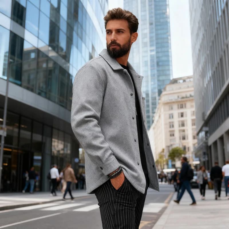 Veste polyester brossé bureau pêche homme - Manteau col revers boutonné décontracté élégant