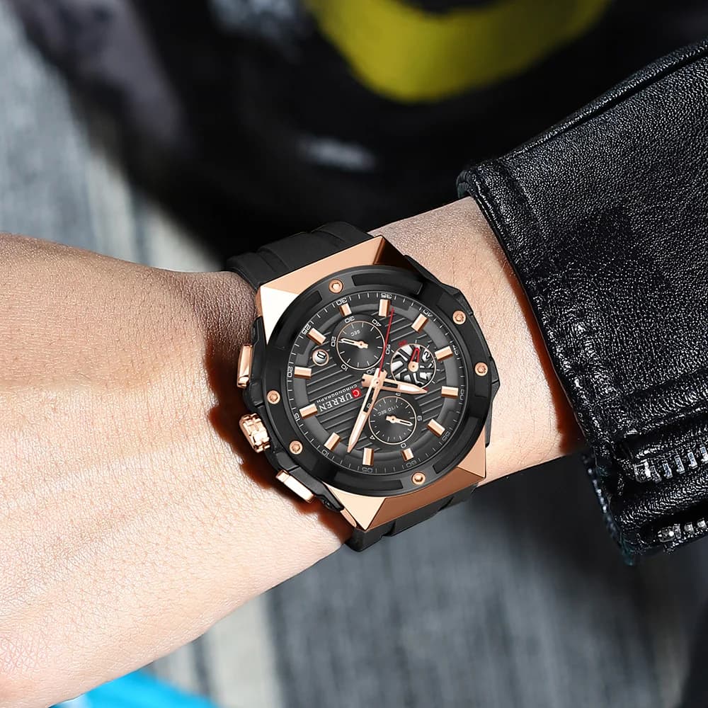 Montre chronographe Curren pour homme sport militaire grand cadran étanche avec bracelet silicone noir