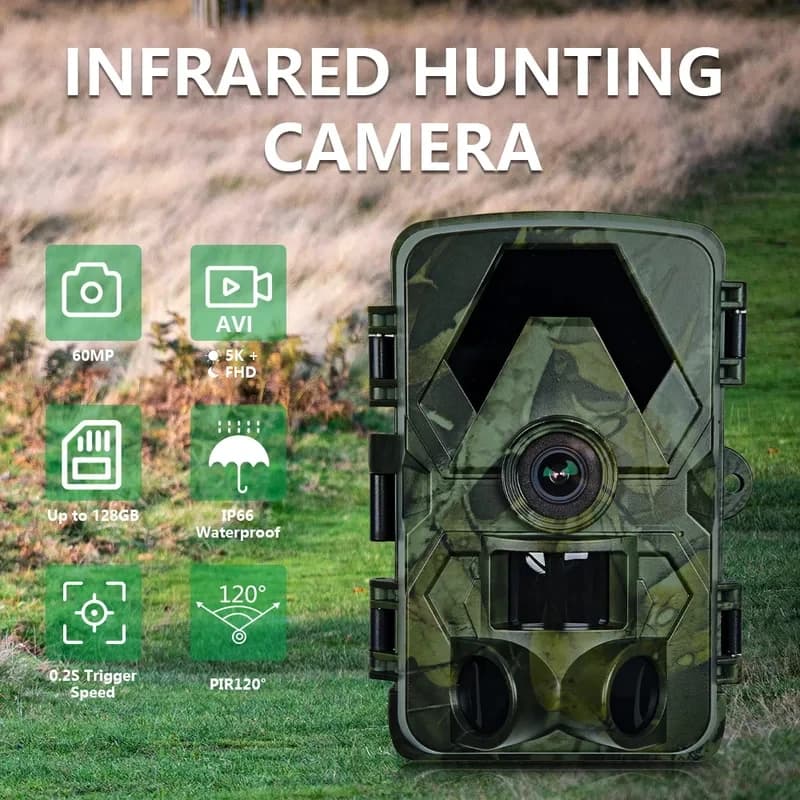 Caméra de chasse 5K 60MP étanche IP66 vision nocturne infrarouge traqueur extérieur surveillance