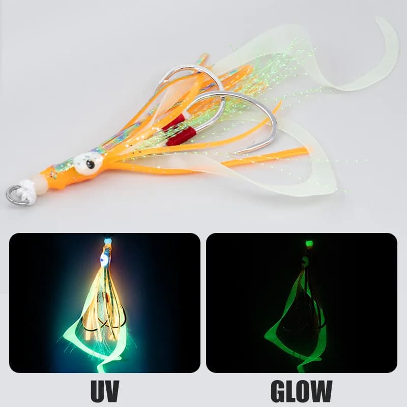 Leurre souple calamar fluo HK018 avec hameçons assistés pour la pêche en mer au jigging lent