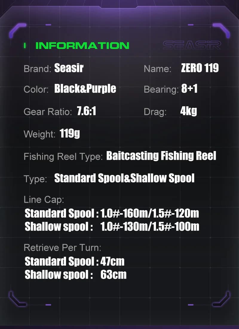 Moulinet casting Seasir ZERO119 BFS 119g carbone 4kg drag pour pêche ultra légère en rivière
