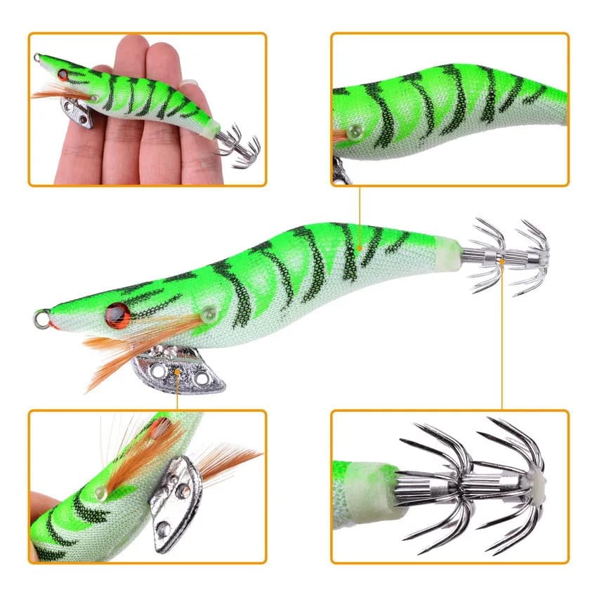 5 leurres pêche crevette bois lumineux yeux 3D wobbleur dur appât calmar octopus