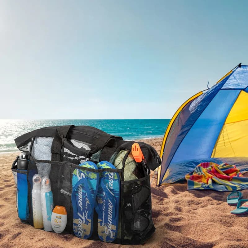 Grand sac plage léger étanche pliable avec poches filet sangles réglables épaule
