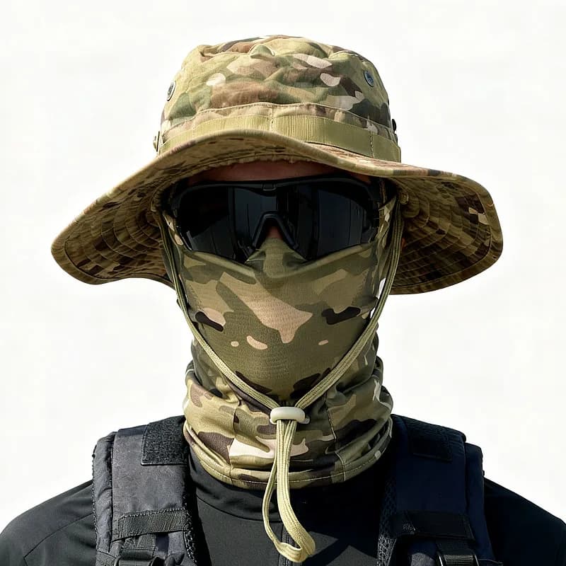 Chapeau camouflage pêche pliable à large bord - Bonnet boonie balaclava pour chasse et pêche