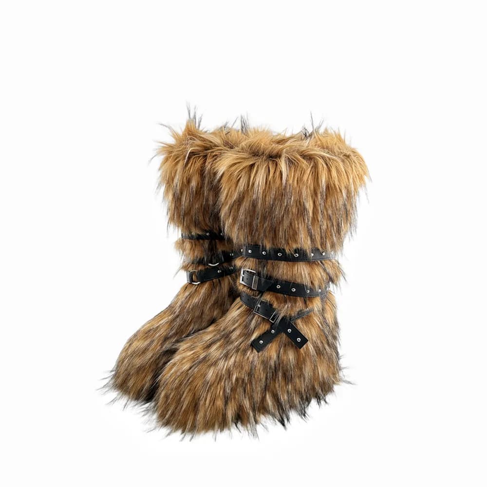 Bottes genou fourrure synthétique femmes plateforme wedge boucle croisée marron spice girl hiver neige pêche