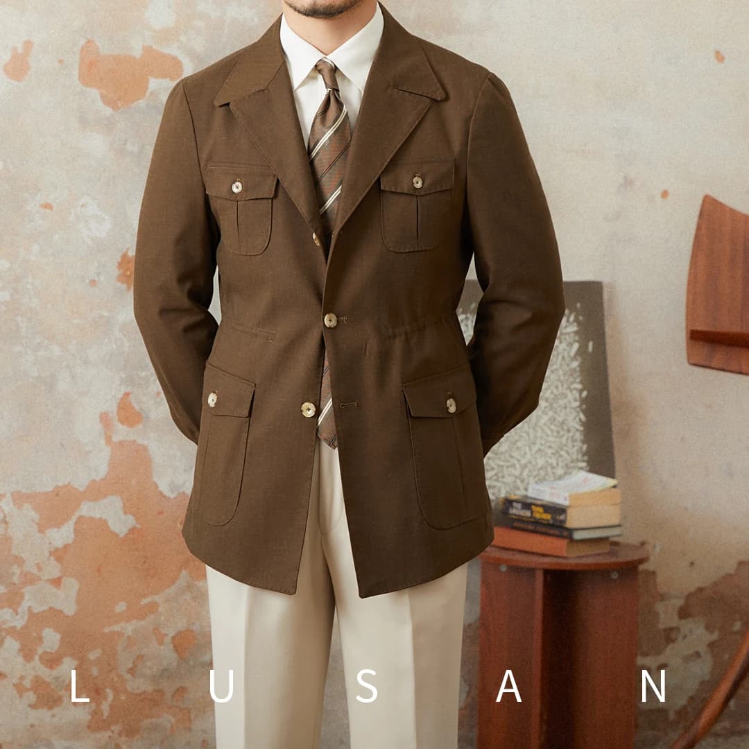 Veste de chasse vintage col costume - Blend lin pour pêche élégante et occasions spéciales