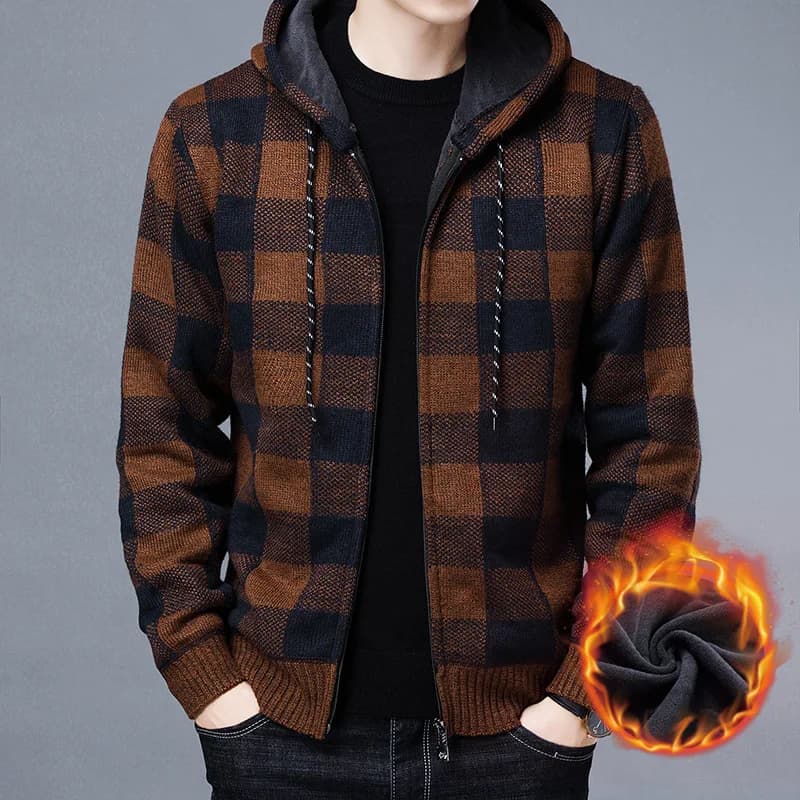 Cardigan à capuche homme tricoté luxe damier pour pêche hiver veste chaude extérieure qualité