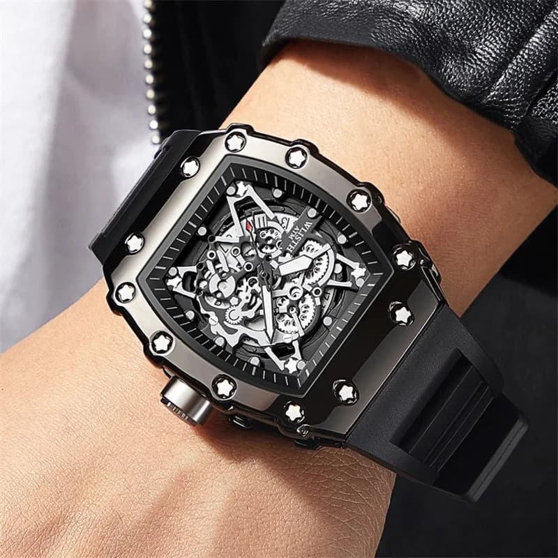 Montre automatique homme WLISTH sport étanche avec cadran lumineux et bracelet silicone, montre mécanique fashion