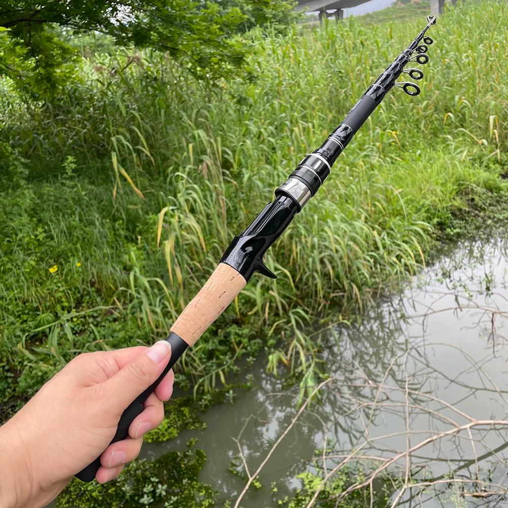 Canne télescopique pêche leurres carbone 1.5m à 2.4m casting 8-25g manche bois pour pêche en déplacement