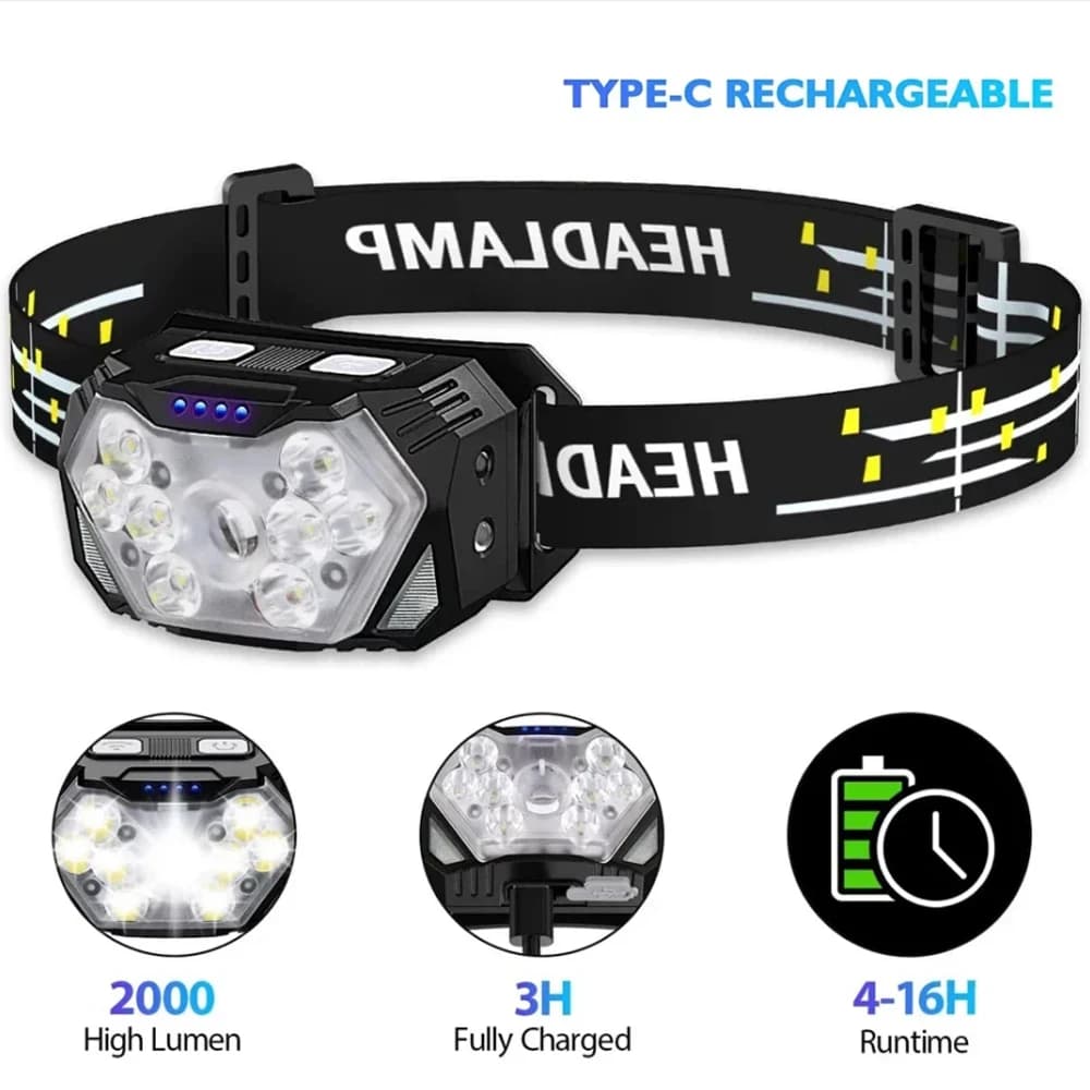 Lampe frontale USB rechargeable détecteur de mouvement 9 LED puissante pêche camping portable travail