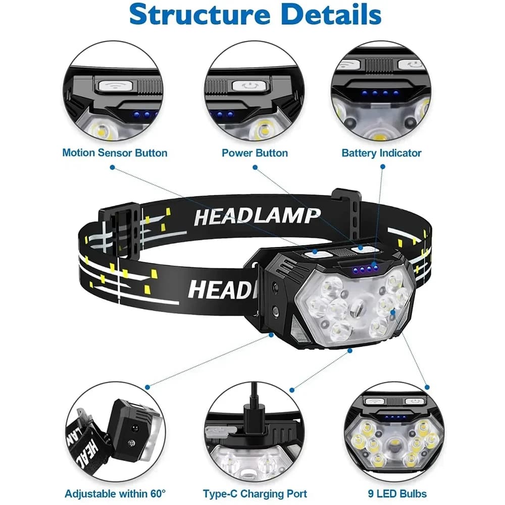 Lampe frontale USB rechargeable détecteur de mouvement 9 LED puissante pêche camping portable travail