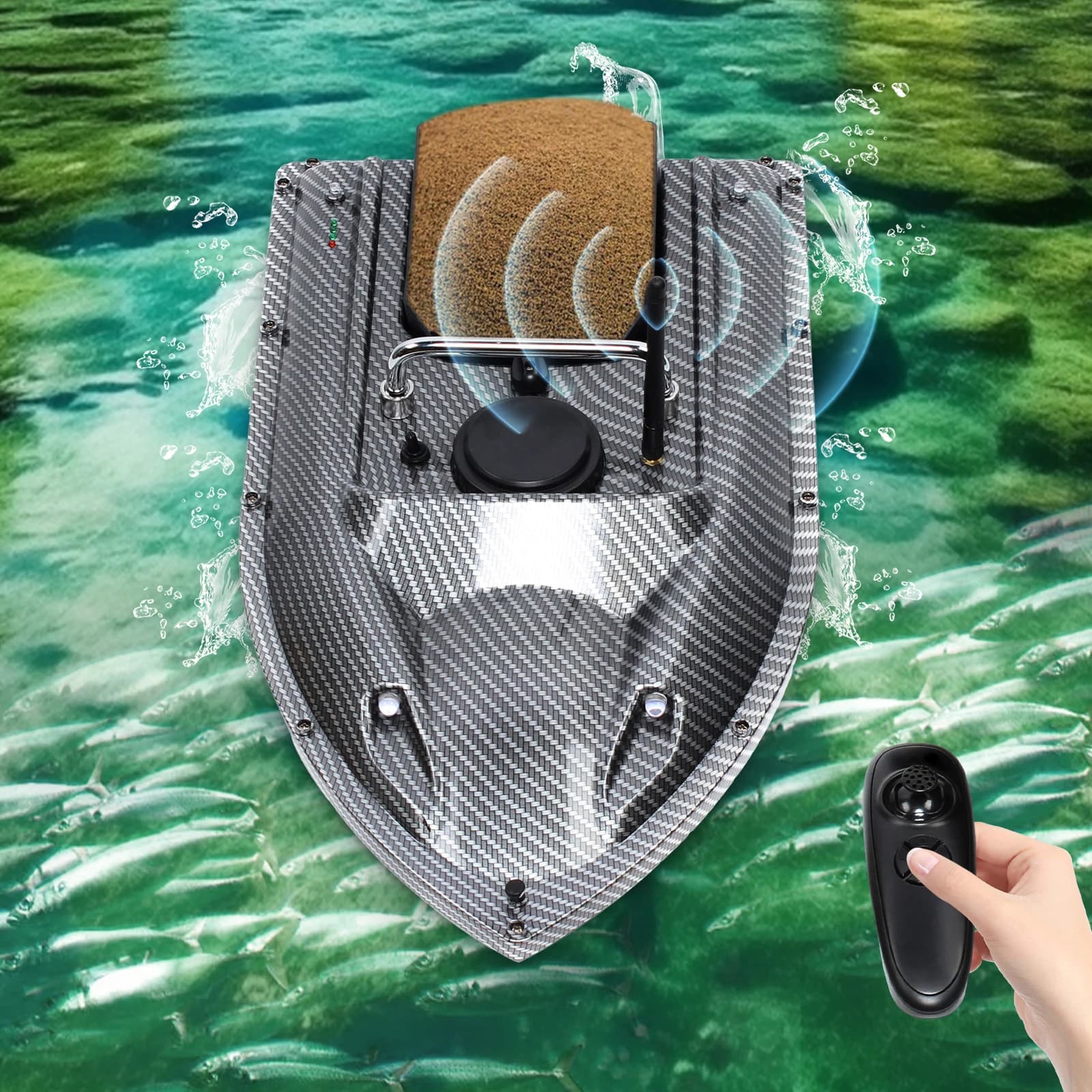 Bateau appât radiocommandé GPS grande capacité 500m portée avec éclairage LED croisière noir
