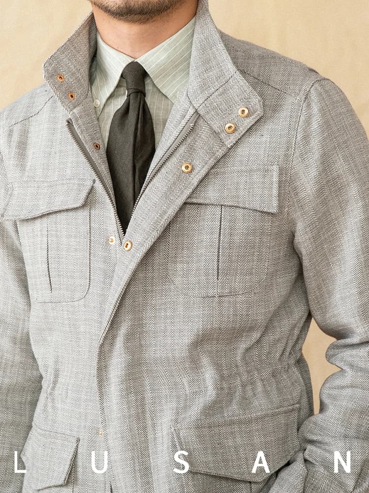 Veste de pêche légère en coton et lin M65 - Col montant ajusté pour pêche printemps-été