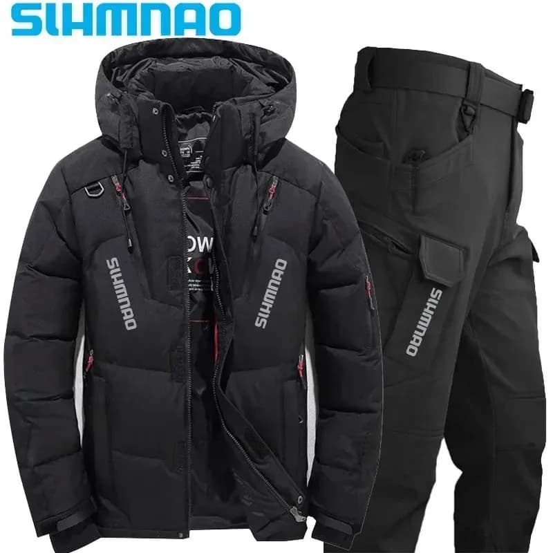 Combinaison Pêche Hiver 2026 Imperméable et Chaude avec Capuche, Veste Doudoune pour Camping Randonnée Chasse