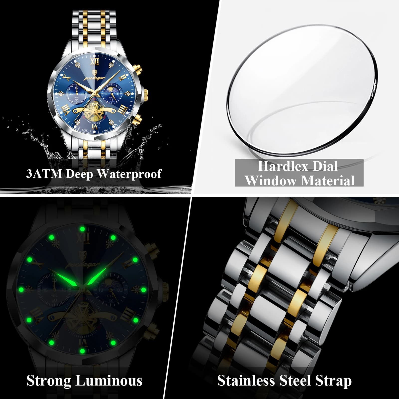 Montre homme luxe POEDAGAR étanche chronographe avec cadran romain et bracelets acier inoxydable