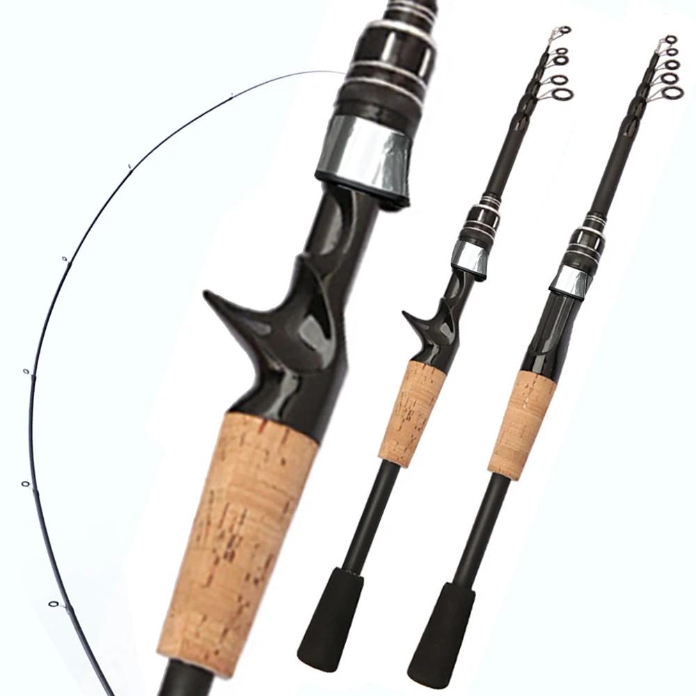 Canne télescopique pêche leurres carbone 1.5m à 2.4m casting 8-25g manche bois pour pêche en déplacement