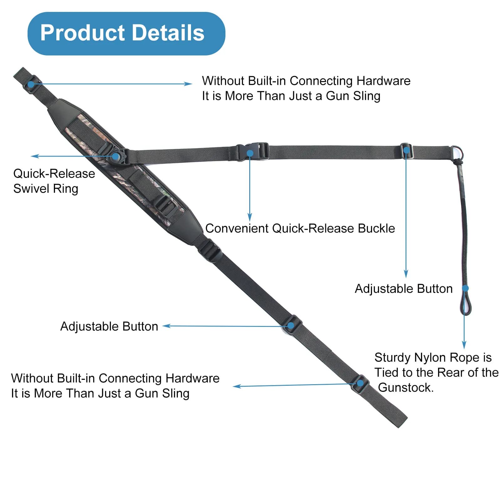Sangle de fusil avec attaches rapides néoprène - Sangle réglable mains libres pour pêche et chasse