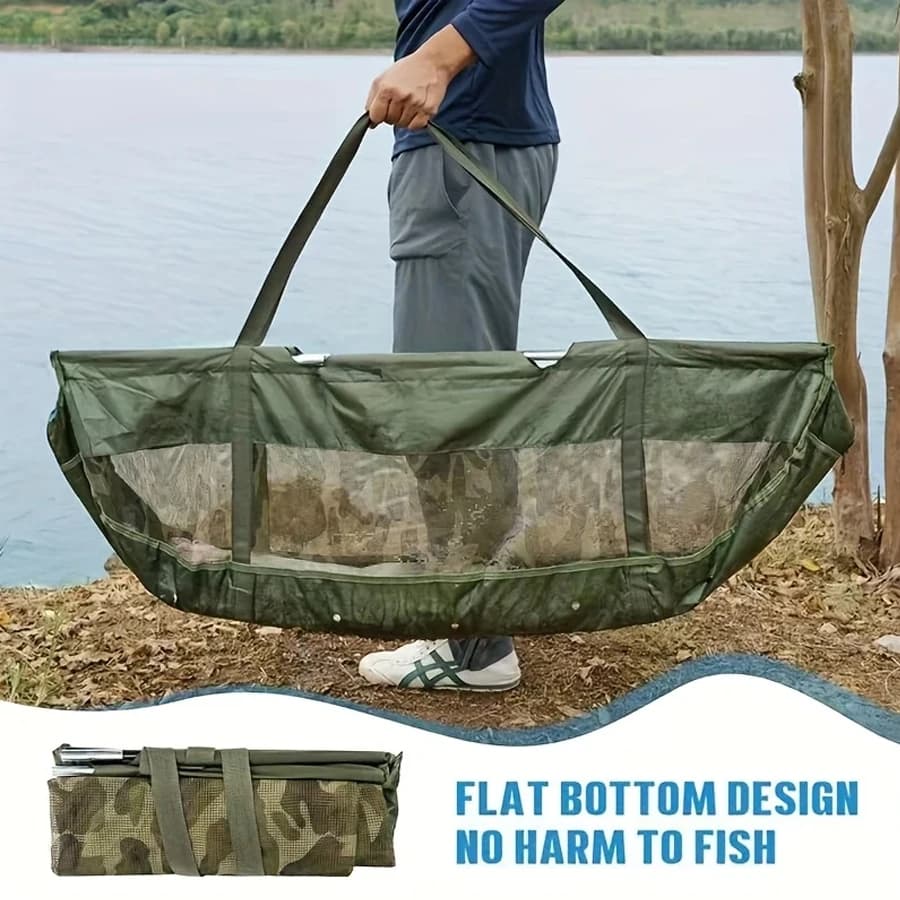 Sac pesée poissons PVC YOTO pliable maille - Poche mesure captures - Utilisation pêche black bass